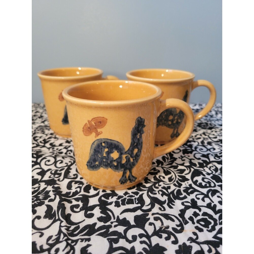 3 Pfaltzgraff Rooster Chicken Stencil Mug America AFAM Folk Art 3.5" tall USA